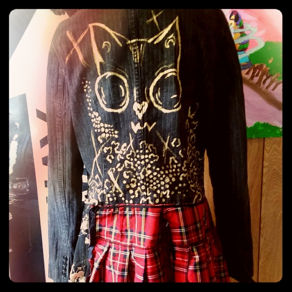 Pinstripe Jean Trench with vintage lace and tartan - Picture 1 of 6